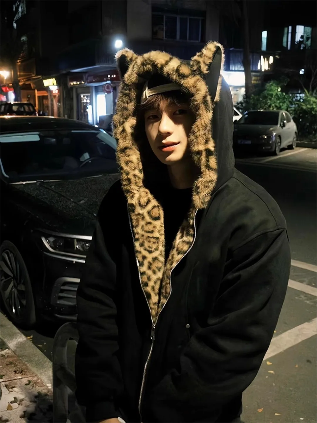 

Bla Leopard Print Thiened Winter Cotton Jaet for Men with Hood Ear Design Stand Fit Long Sve Casual Coat