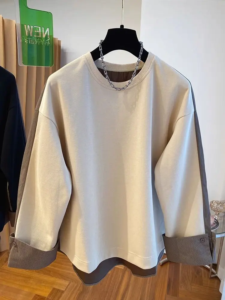 Niche Long-sleeved T-shirt for Women Spring Clothes New Style Splicing Fake Two-piece Thin Sweatshirt Top Trendy
