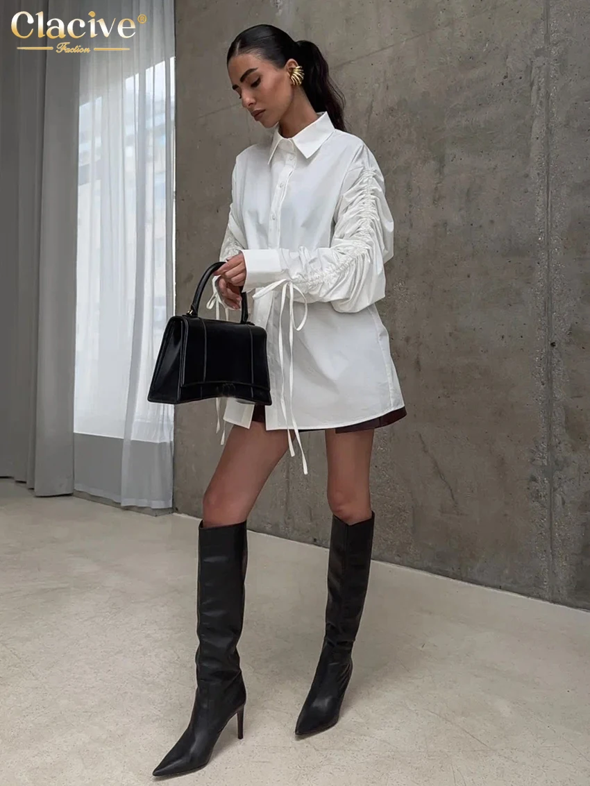 Clacive Fashion Loose White Cotton Women Blouse 2025 Casual Lapel Long Sleeve Shirt Elegant Classic Lace-Up Top Female Clothing