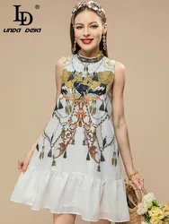 LD LINDA DELLA New 2023 Fashion Runway Summer Dress  Women Stand Collar Beading Printed Loose Short Sleeveless Dress