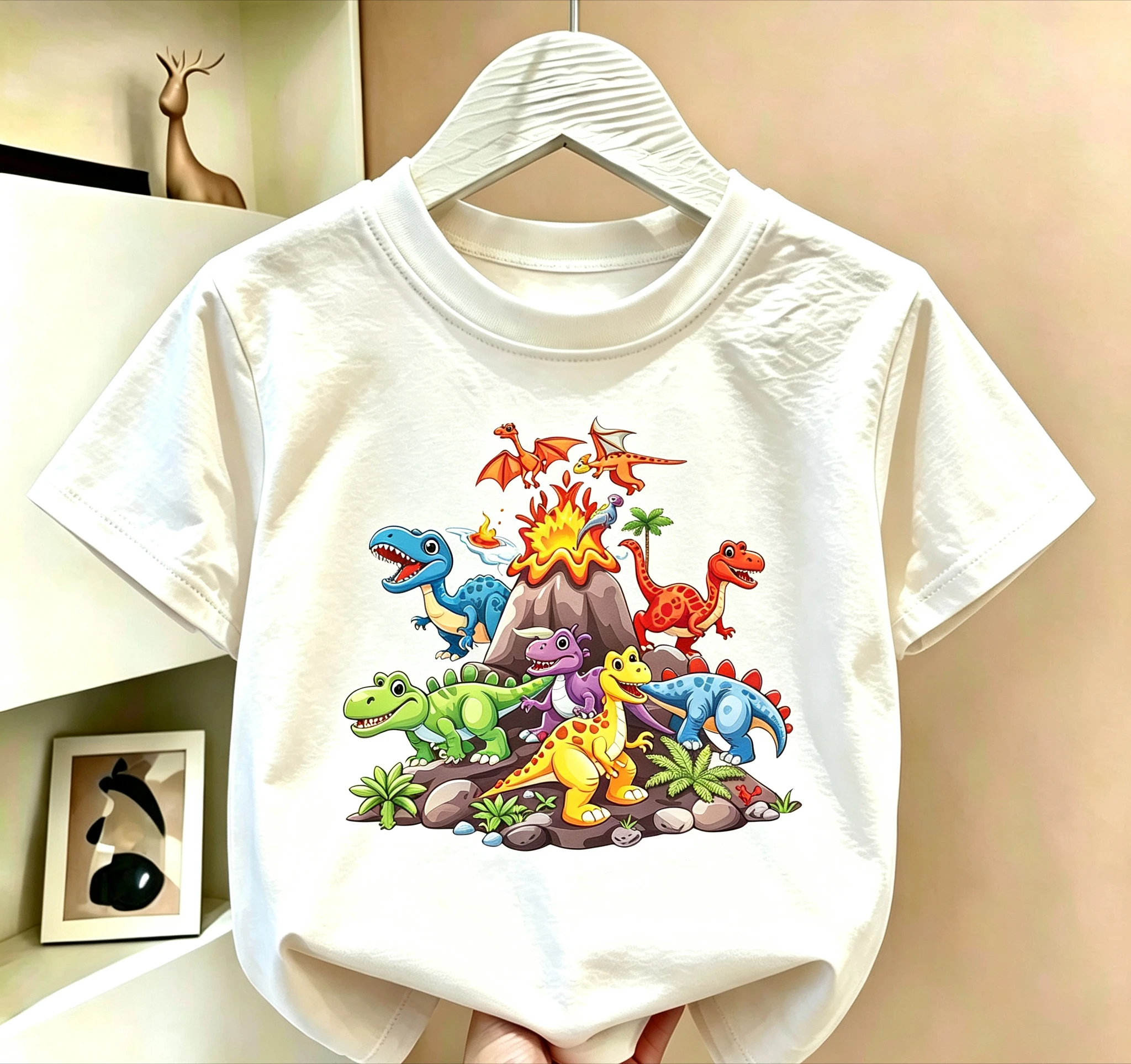 Cartoon Dinosaur Volcano Kids T Shirt Summer Short Sleeve Boys Girls Casual Tee Children Clothing Multiple Colors