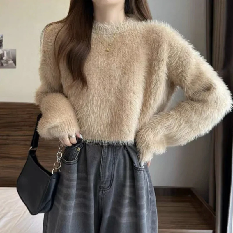 Pink Round Neck Short Knit Pullovers Women Fall Winter Korean Loose Solid Color Long Sleeve Sweaters Top 7 Colors