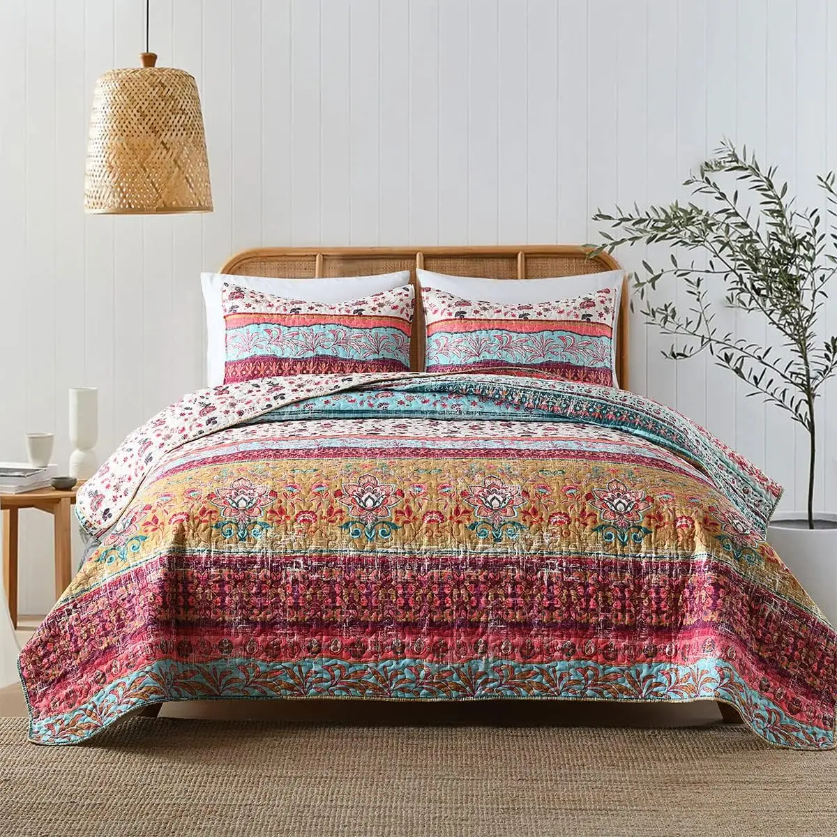 

Комплект постельного белья Boho Queen: двустороннее бохо-покрывало с цветочным узором, мягкое, легкое, полноразмерное, с 2 наволочками (3 предмета)