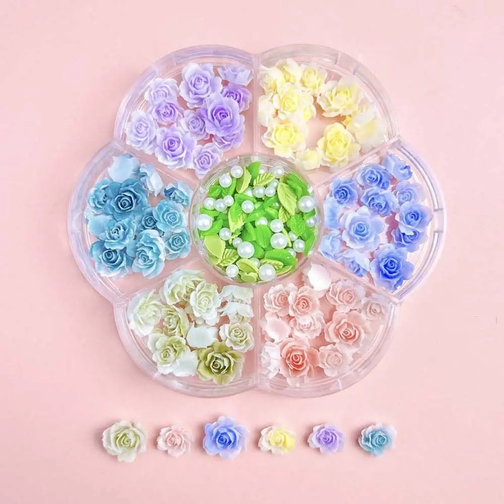 Pink Rose Flower Rose Nail Decorations Camellia Leaves DIY Nail Charms Rose Nail Accessories Mixed Pearl Beads Green