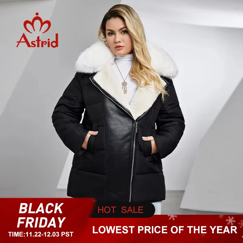 Astrid Women's Jacket Winter 2023 Plus Size Down Jackets Big Fur Collar Hooded Stitching Thickened Fleece Plush Coat Women Parka