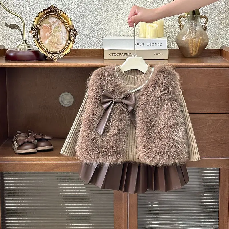 

Girls' Suit Autumn New Fashionable Western Style Baby Girl Fur Vest All-Match Top Three-Piece Suit