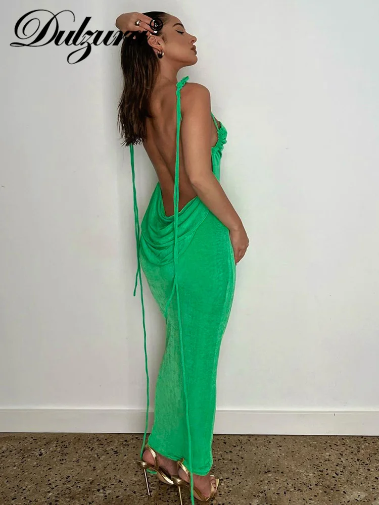 Dulzura Lace Up Halter Neon Maxi Dress Backless Bodycon Sexy Party Evening Elegant Club Outfits Birthday Festival Clothing