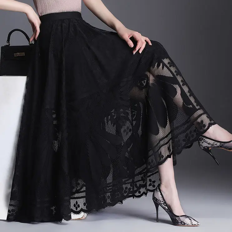 Lace Skirt Women\'s New A-word Long Skirt Big Swing Gauze Hollow Pleated Skirt