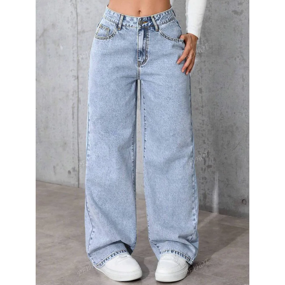 Plus Size Women's Wide Leg Jeans Washed Elastic Casual Loose Fit Ladies Denim Pants Comfortable Stretchy Trousers