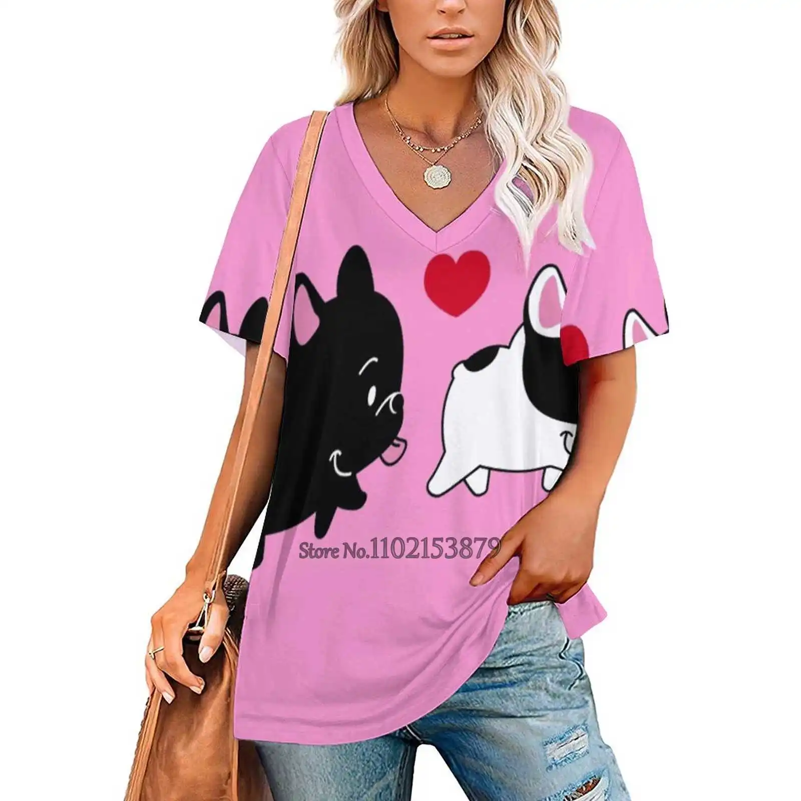 Frenchie Family Women V Neck T-Shirt Casual Sexy T Shirts Hollow Out Zipper Pullover Top Pug Frenchie Frenchy Bulldog Baby