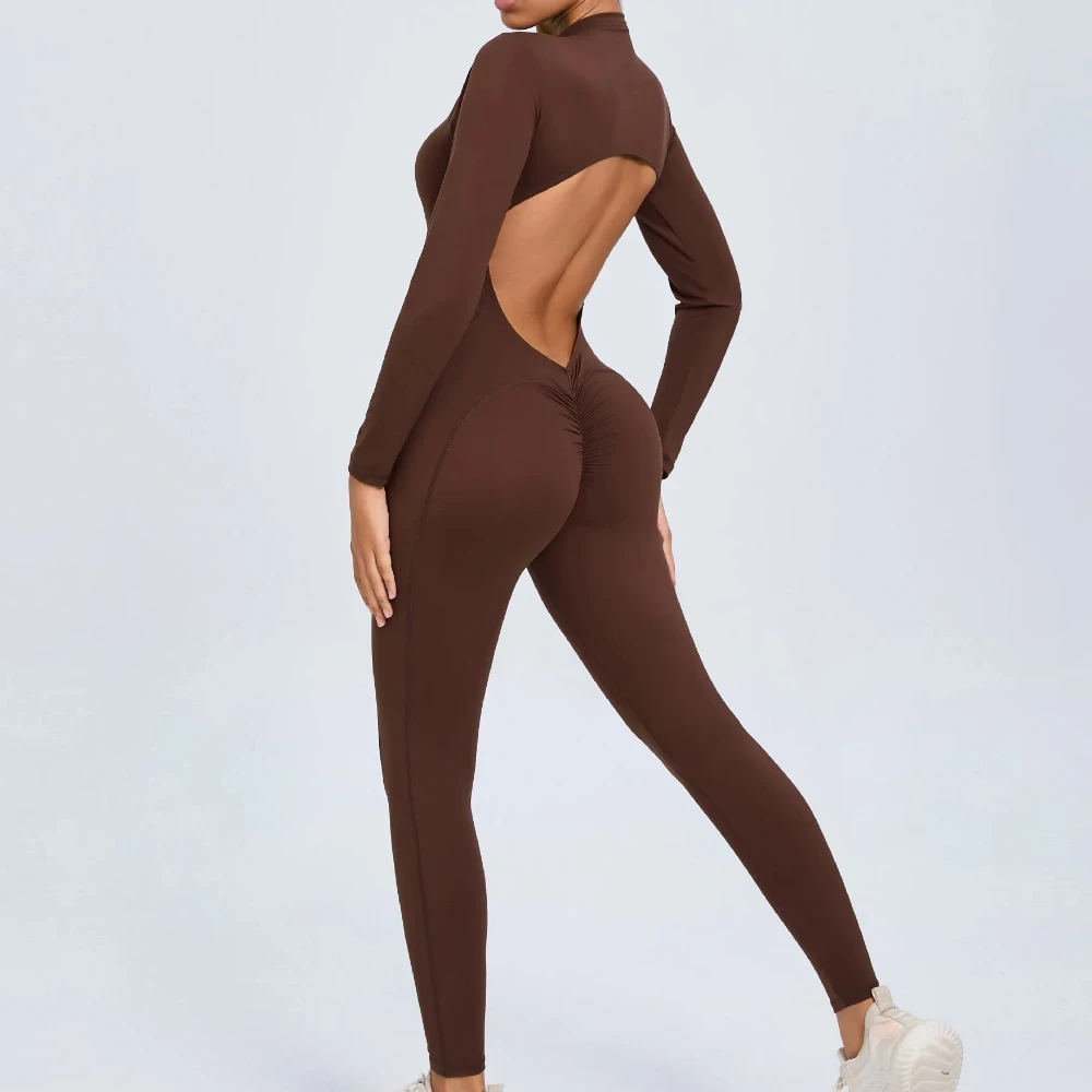 

Women Seamless Push Up Workout Bodysuits Long Sleeve One-Piece Yoga Jumpsuits Half Zipper Backless Gym Sports Training Rompers