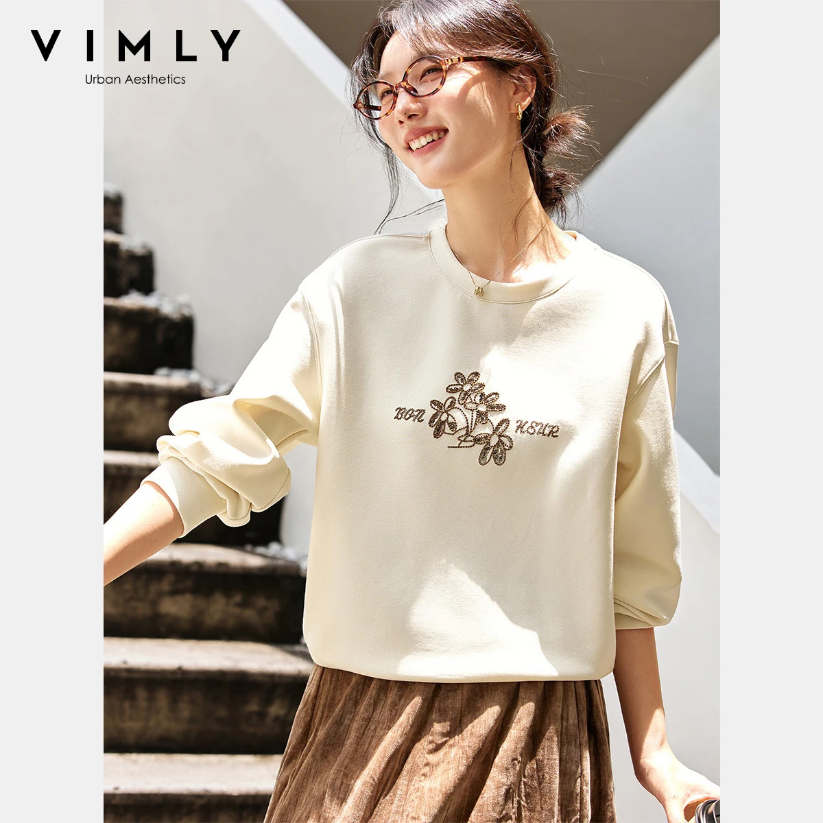 VIMLY Casual Women Sweatshirts Floral Embroider Autumn 2025 Apricot Knitted Female Sweatshirt Sporty Round Neck Ladies Top A2197