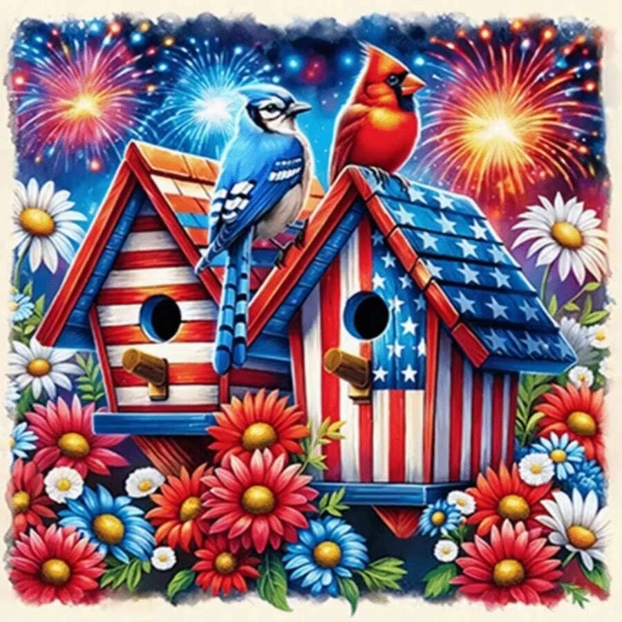 5D DIY Diamond Painting Kit Patriotic Birdhouse Blue Jay Red Cardinal Fireworks Floral Scene Handmade Wall Art Home Decor Gift