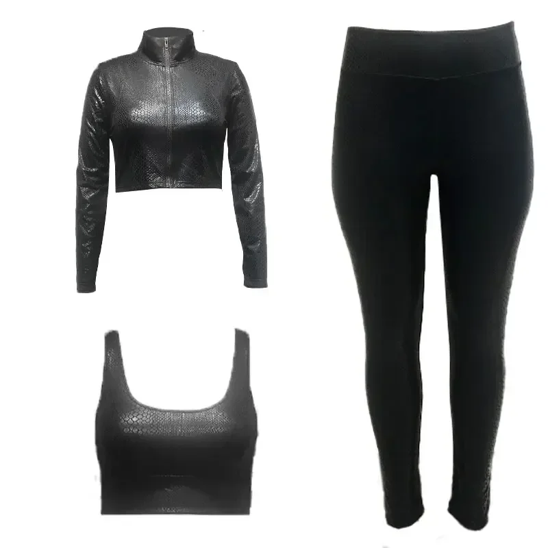 Plus Size Punk Faux Pu Leather 3-częściowy zestaw 5XL Kurtka z zamkiem błyskawicznym Kamizelka Rozciągliwe spodnie Skinny Dresy Seksowne czarne