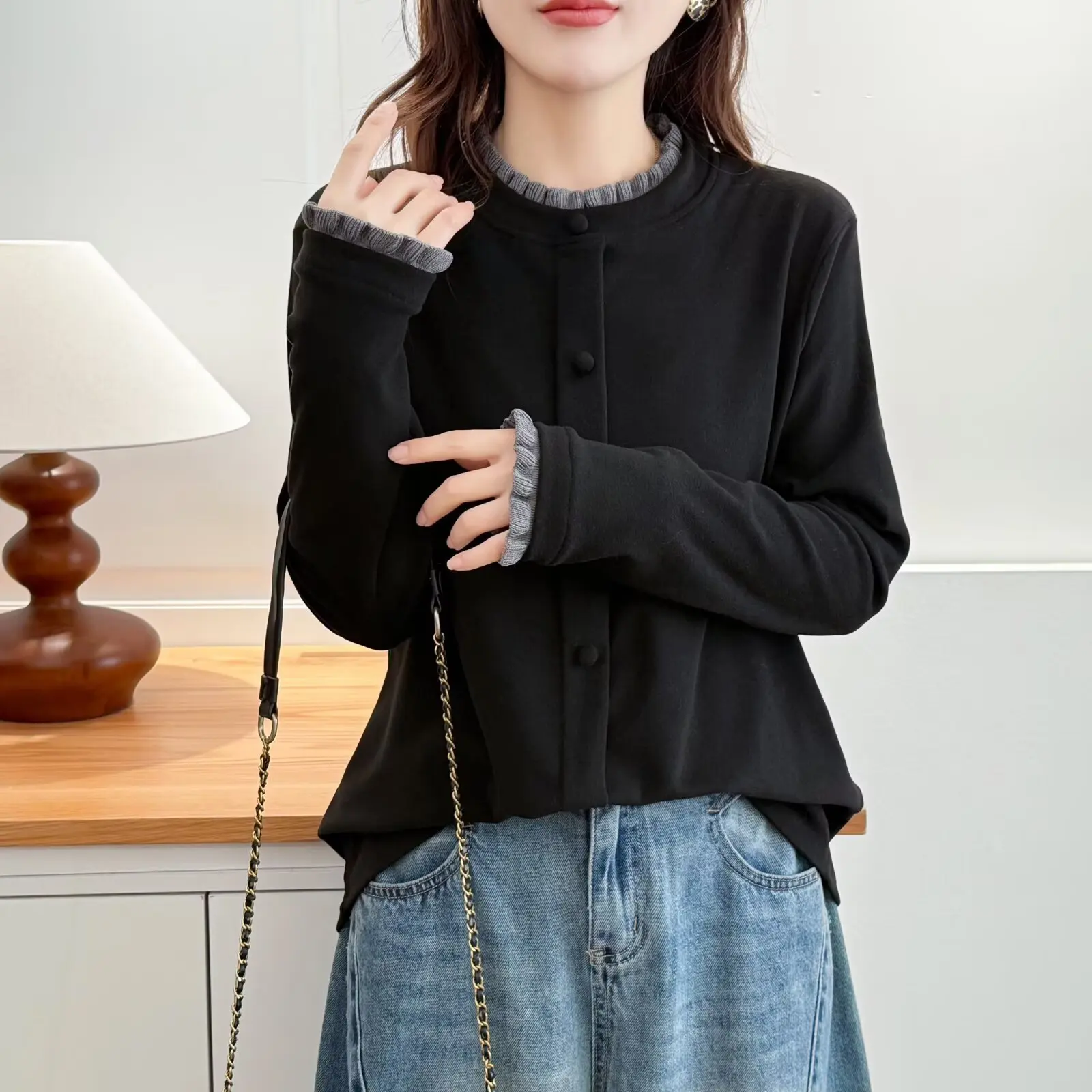 XXXXL موضة حجم كبير تي شيرت المرأة الخريف الشتاء دي المخملية كتلة دافئة اللون تكدرت طوق كم طويل قاعدة القمم 984 #2