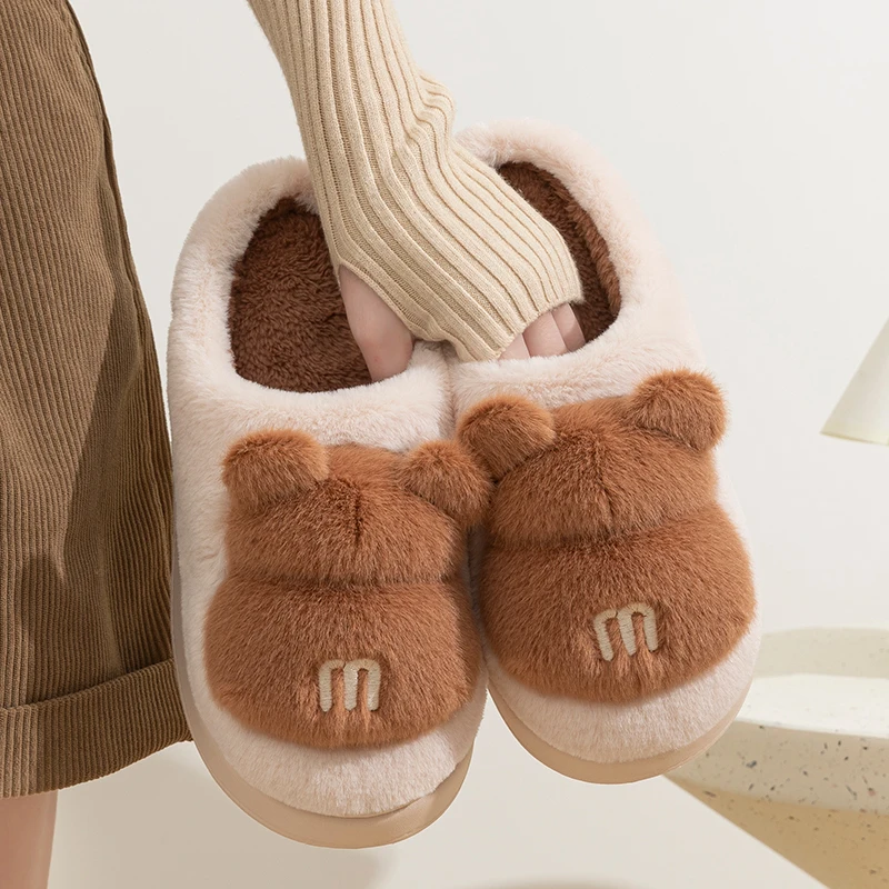 New Cartoon Bear Fuzzy Slippers Women Winter Thick Plush Warm Home Slippers Woman Eva Thick Sole Non Slip Indoor Cotton Slides