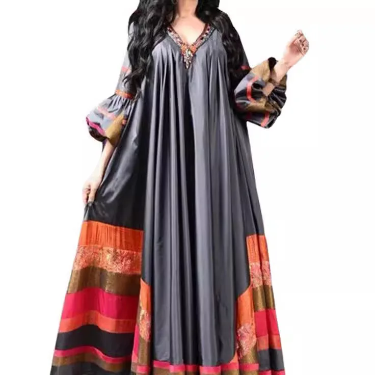 Elegant Vintage Abaya Green Loose Middle Eastern Robe Muslim Dress Women Turkish Printed Floral Evening Dresses V-neck for Women