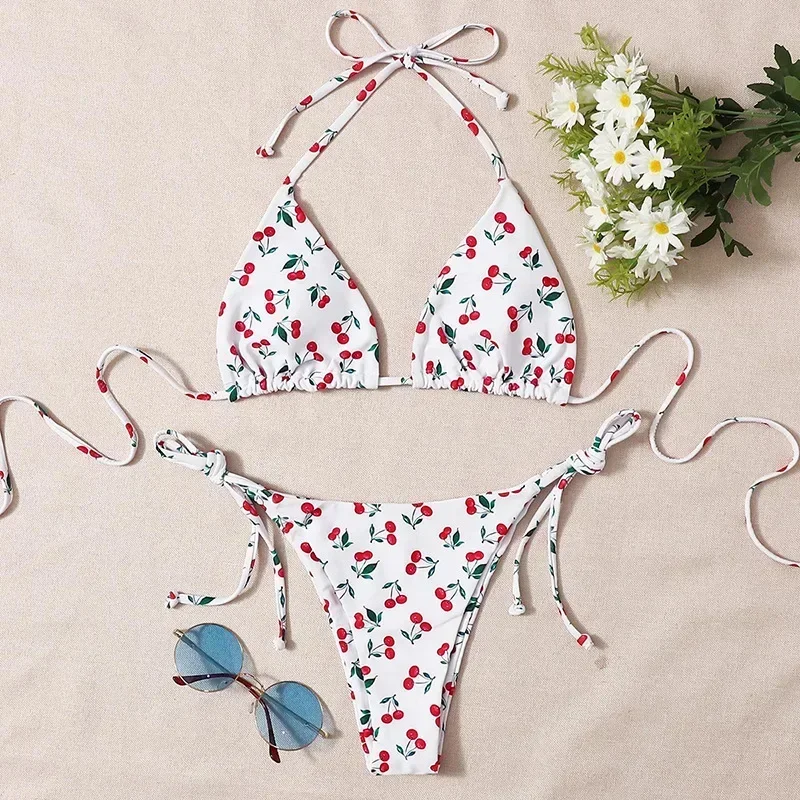 Cherry Print Swimwear String Halter Micro Bikini Thong 2025 Sexy Swimsuit Women Lace-up Bathing Suit Triangle Bikinis De Mujer