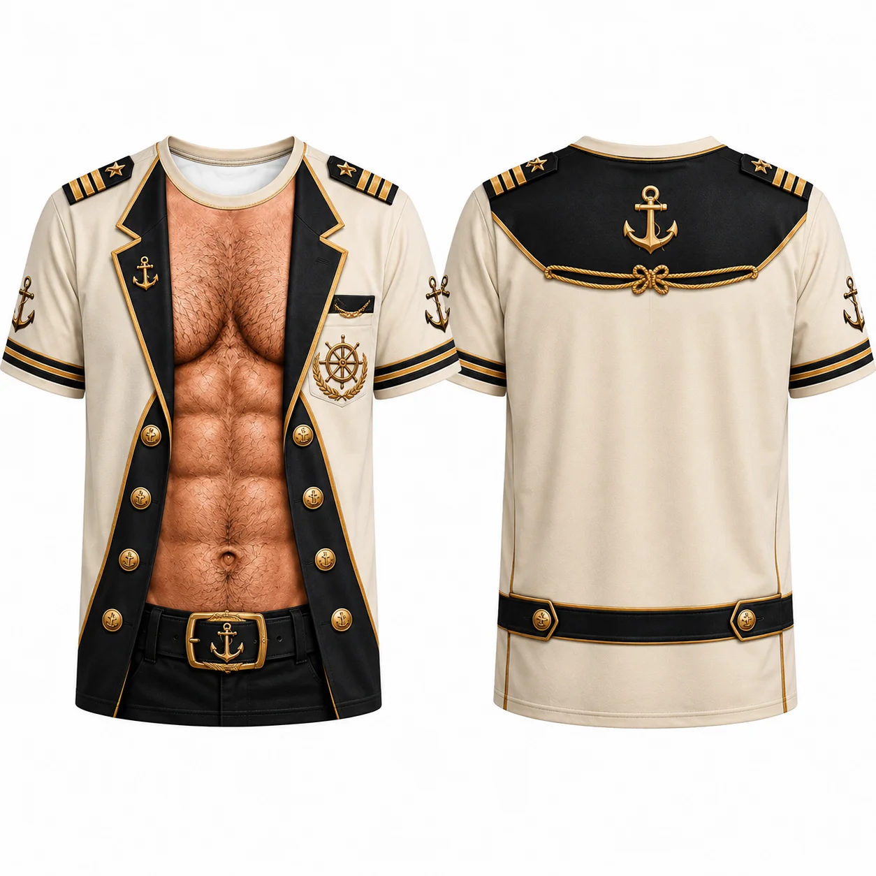 Funny Men’s Nautical T-Shirt, Captain Jacket Muscle Chest Illusion Tee, 3D Print Sailor Costume Shirt, Unique Gift for Him