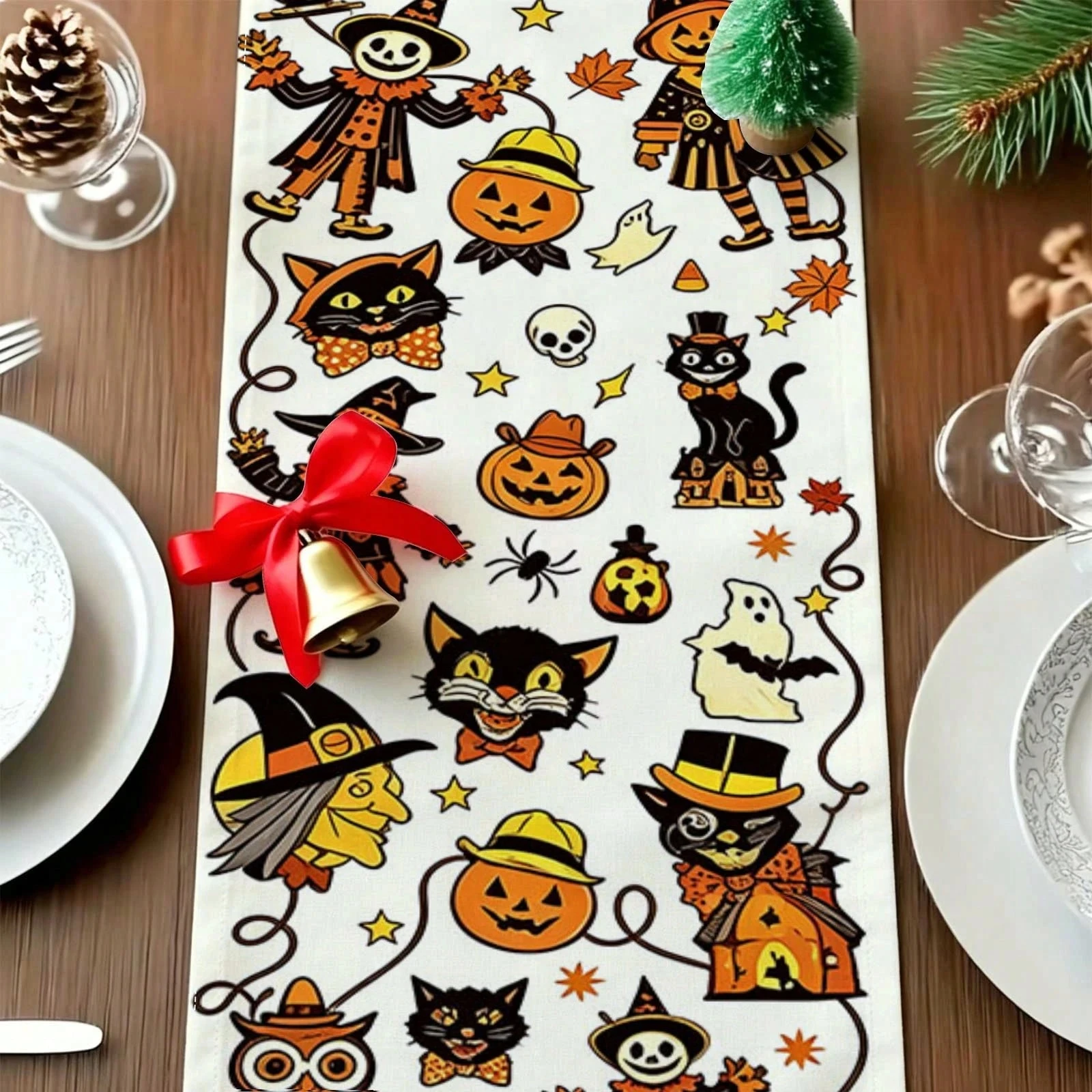 1pc Cartoon Halloween Element Print Multi‑Size Table Runner for Dining Table Kitchen Living Room Holiday Party Home Tabletop Orn