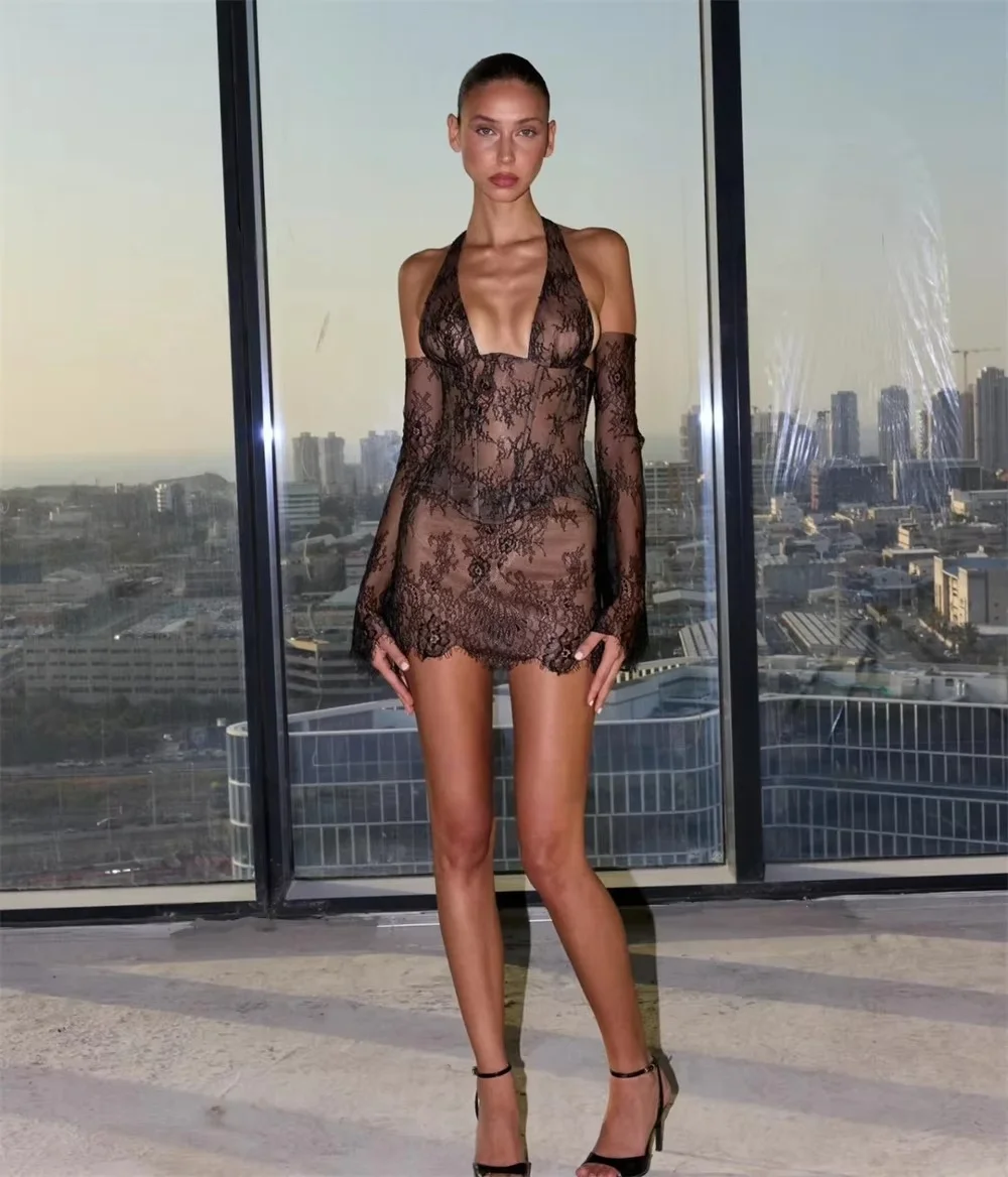 TL 2026 Black Lace Prom Dress Mini Sexy Corset Halter Vestidos De Festa Removable Sleeves Party Gowns Customized