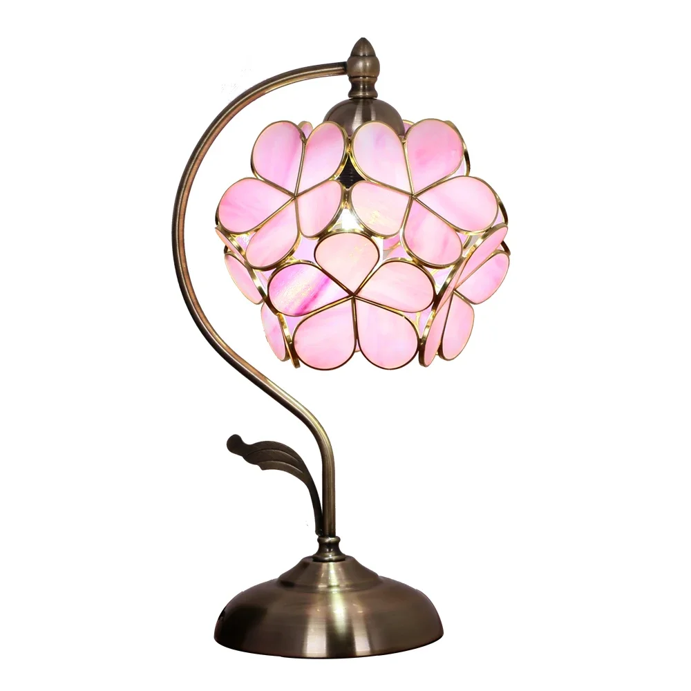 Cherry Blossom Style Stained Glass Petal Vintage Brass Base, Antique Desk Lamp, Tiffany Flower Lampshade Table Lamp