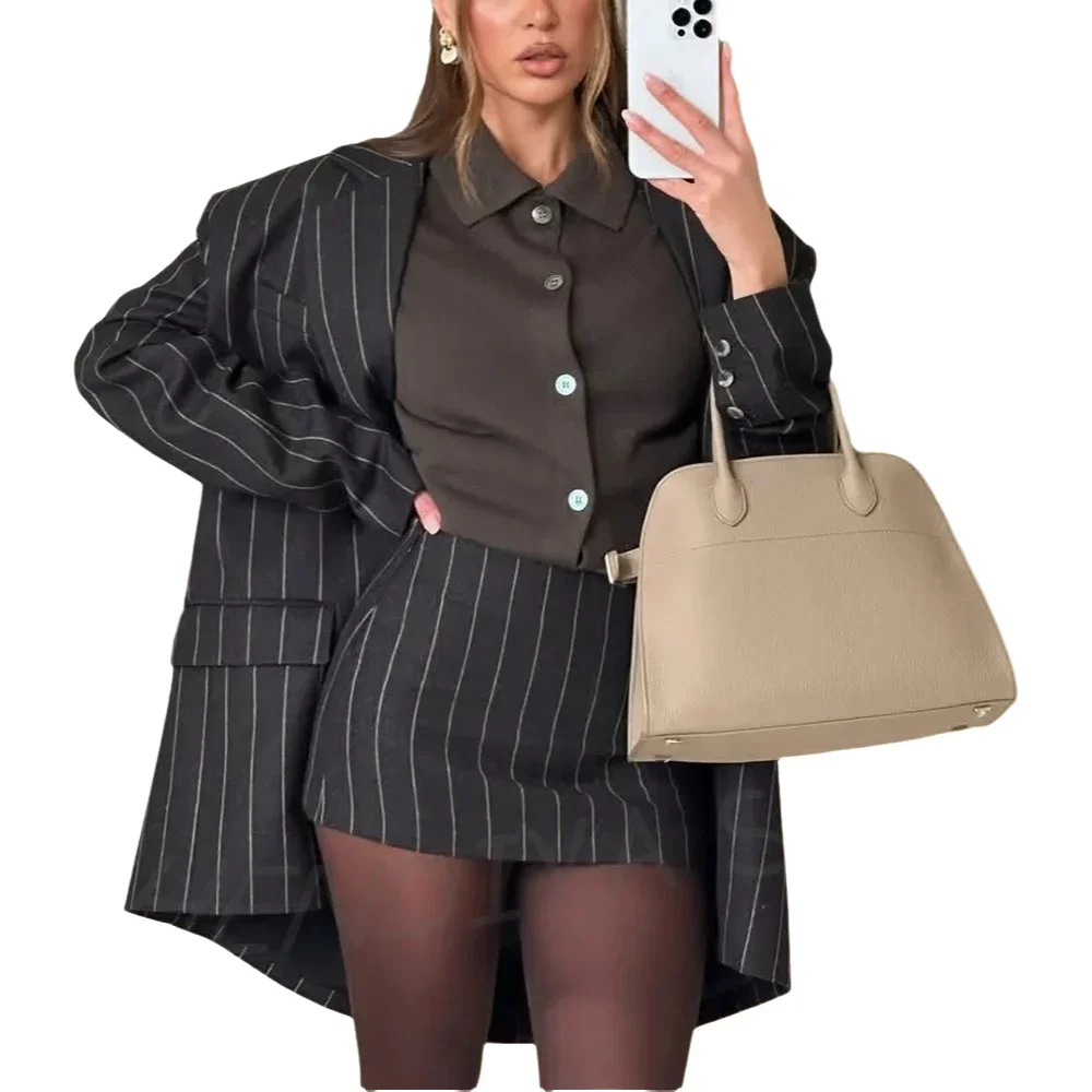 Luxury Striped Suit For Women Notched Lapel Unique Design Lady Outfit Two Pieces High Quality Casual Jacket With Short Skirt