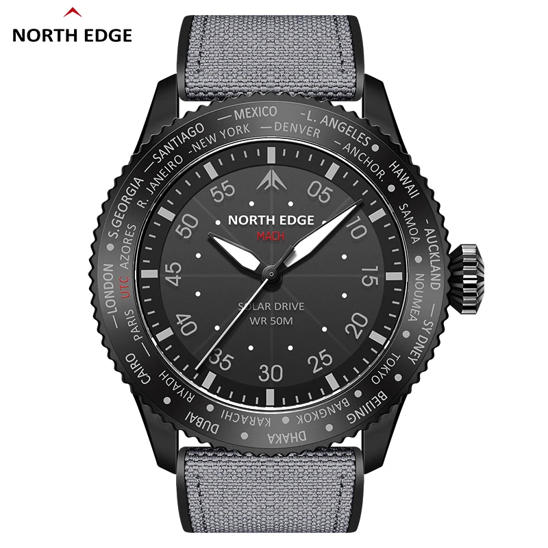 NORTH EDGE 2024 MACH Solar Power Quartz watch Men Waterproof 50M Men\'s Pilot Sports Light Night Wristwatches