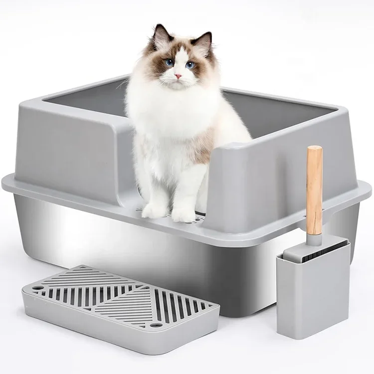 Stainless Steel Cat Litter Box XXL Extra Large Jumbo Metal Litter Box With Large Shovel Anti Leakage Sand Pedal Side Entrance