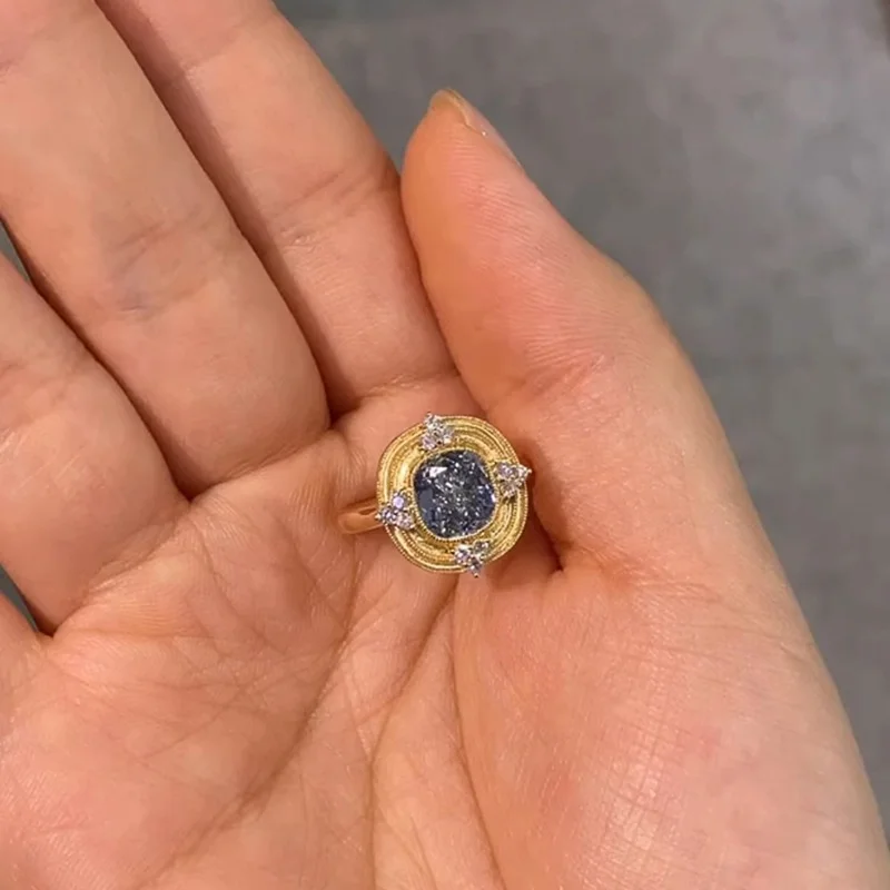 Vintage Fashion Blue Crystal Geometric Adjustable Ring for Women Luxury Stainless Steel Jewelry Ring Anniversary Gift