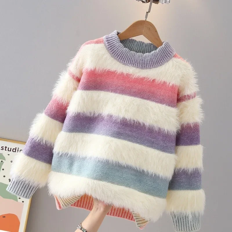 New Rainbow Stripe Faux Mink Knitted Children Sweater Stylish Warm Girls Sweater Medium tLarge Kids Sweater Student Casual Top