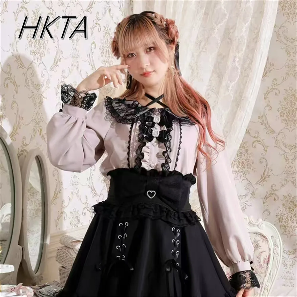 Japan Original Mine Lace Sweet Neck Lace-up Shirt Women's Blouse Sweet Bow Long-sleeved Shirts 2025 Spring New Camisas Top Lady