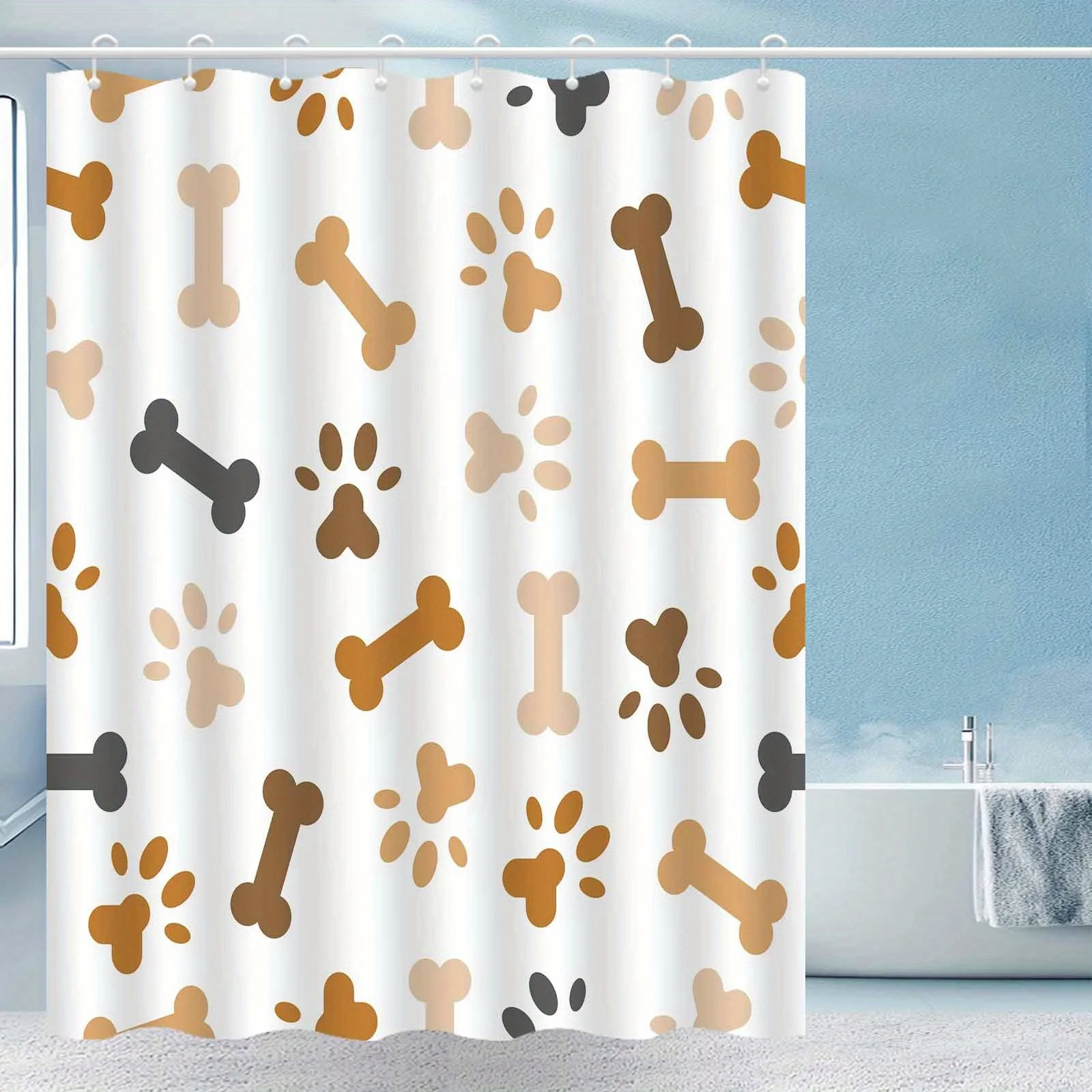 

1 шт., современная простая мультяшная занавеска для душа с принтом кости и лапы, полиэфирная ткань, которую можно стирать в машине, подходит для украшения ванной комнаты