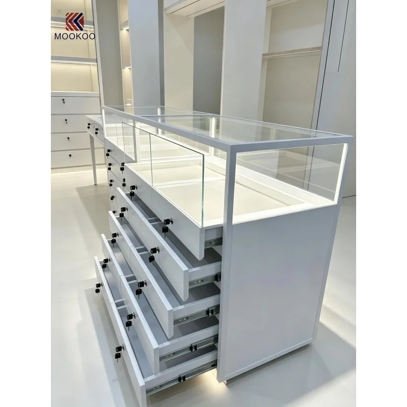 custom.Matte White Multi-Tier Lockable Drawer Base Jewellery Vitrine Island Counter, LED Lighted Glass Display Hood