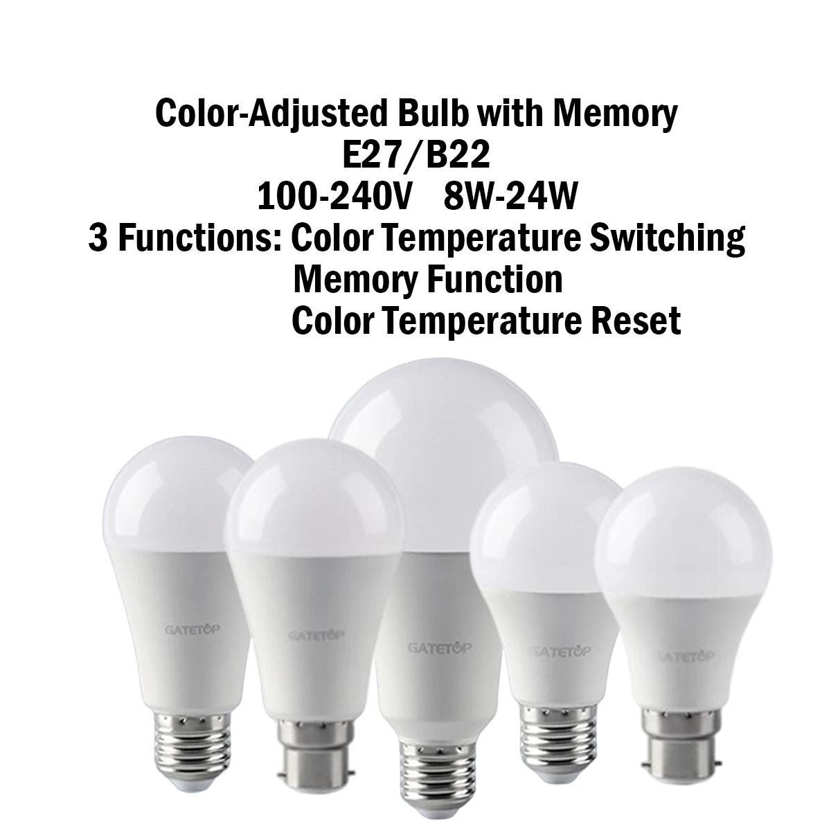 

LED Color-adjusted Bulb 5PCS E27 B22 AC120V/AC220V 8W-24W CCT,Memory Function,Color Temp Reset Light for Home, office Lighting