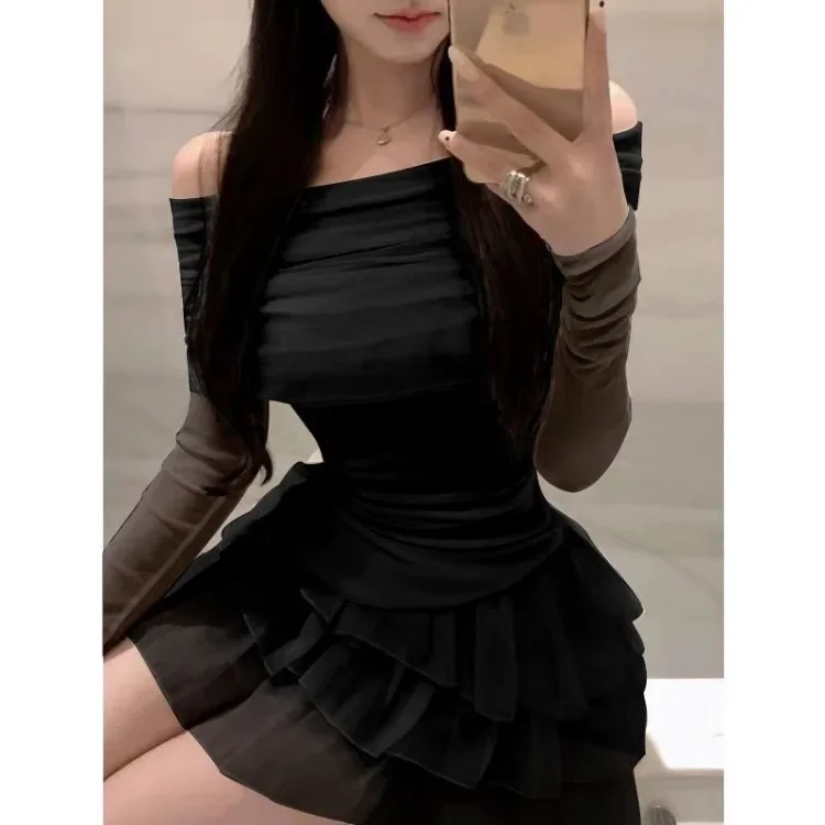 Korean Sexy Two Pieces Set Slash Neck Solid Pleated Slim Irregular Women T-shirt + Y2k Aesthetic Fashion Chic Sweet Gown Skirts