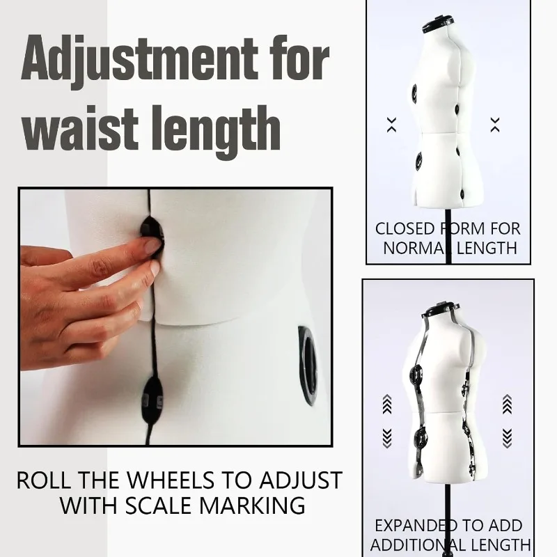 Beige Adjustable Dress Form Mannequin for Sewing Female Size 6-14, Pinnable Model Body with 13 Dials, Detachable Casters