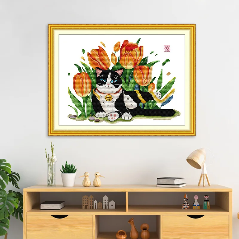 

Набор для вышивки крестом Joy Sunday с предварительной печатью, легкий узор, набор для вышивки из штампованной ткани Аида, кошка 5