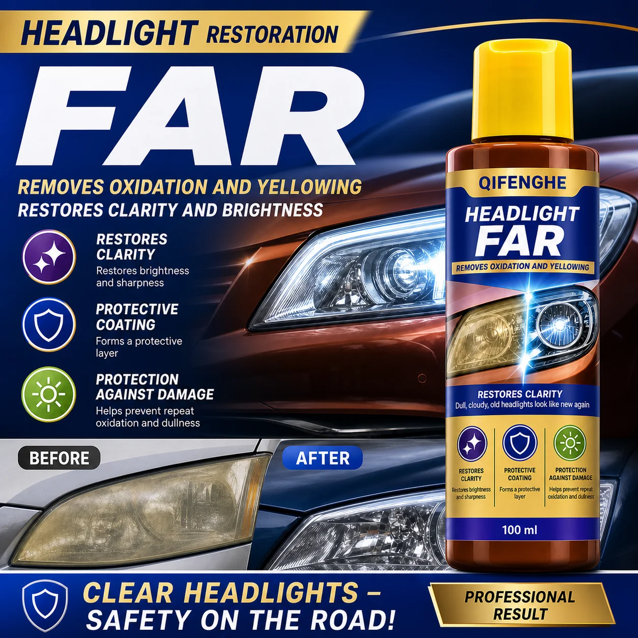 QIFENGHE Headlight Restorer 100ml, Remove Oxidation Yellowing Haze, Restore Clarity & Brightness, UV Protective Coating for Car