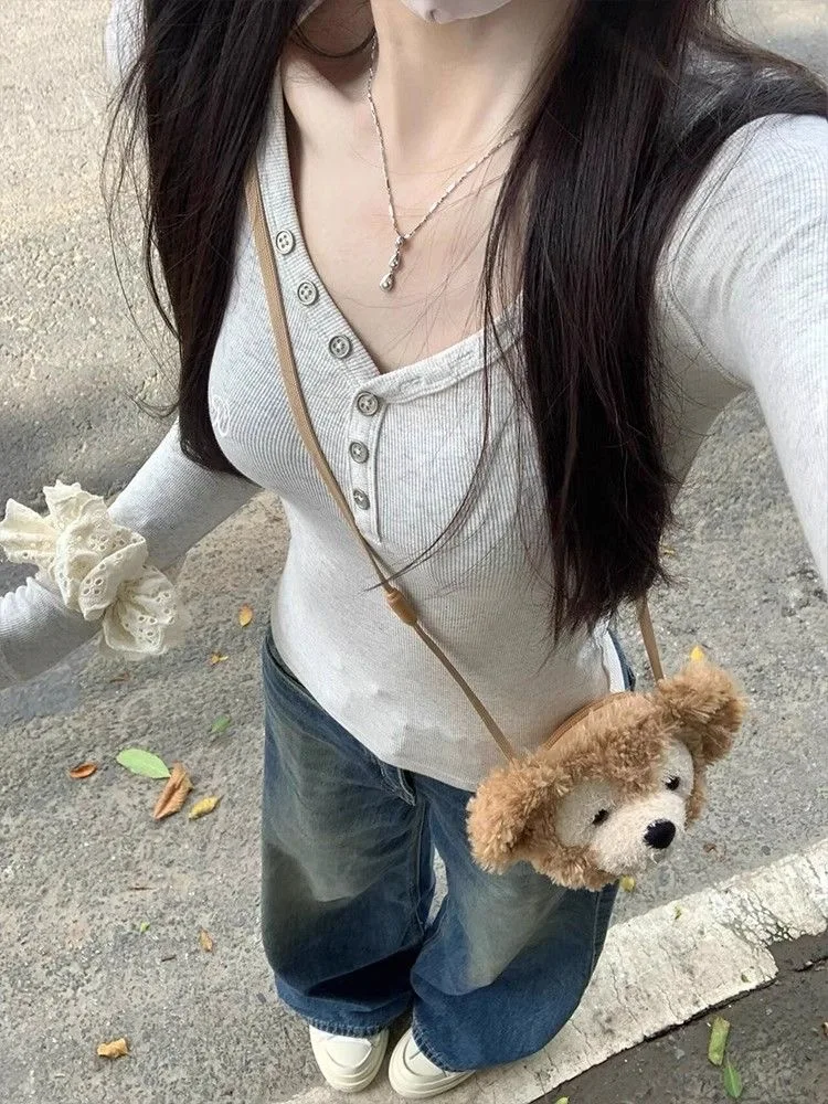 

Однотонная футболка с длинным рукавом и пуговицами, облегающие топы с длинными рукавами, женская осенняя мода 202, повседневная футболка