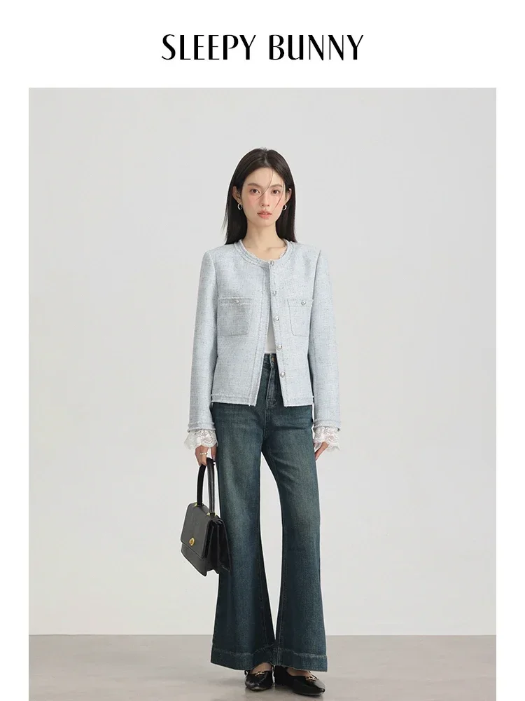 Retro Style Tweed Blazer Women Spring 2025 Elegant Round Neck Jacket with Shoulder Pads Chic Casual Office Lady Outerwear Coat