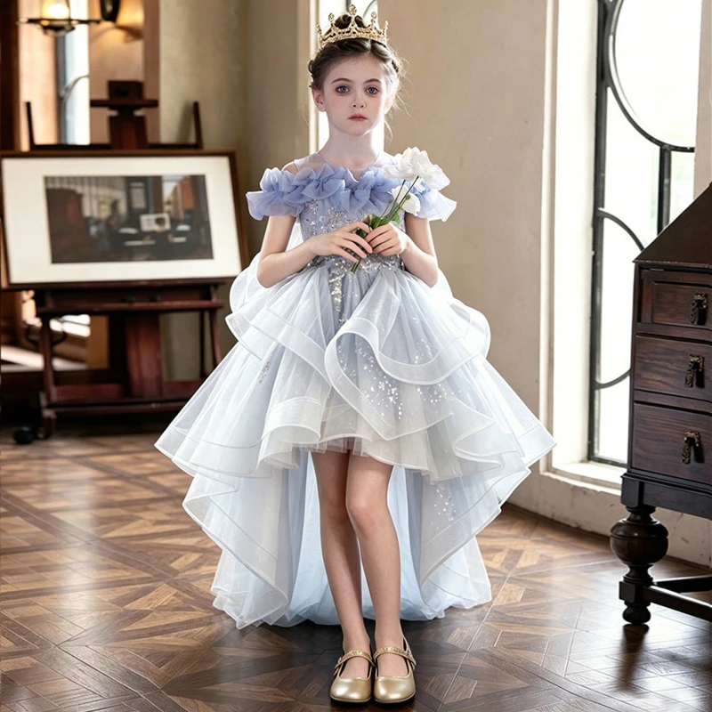 2026 Children Girls Gray Blue LongRunway Evening Birthday Summer Costume Gown Princess Dress Little Kids Host Piano Performance