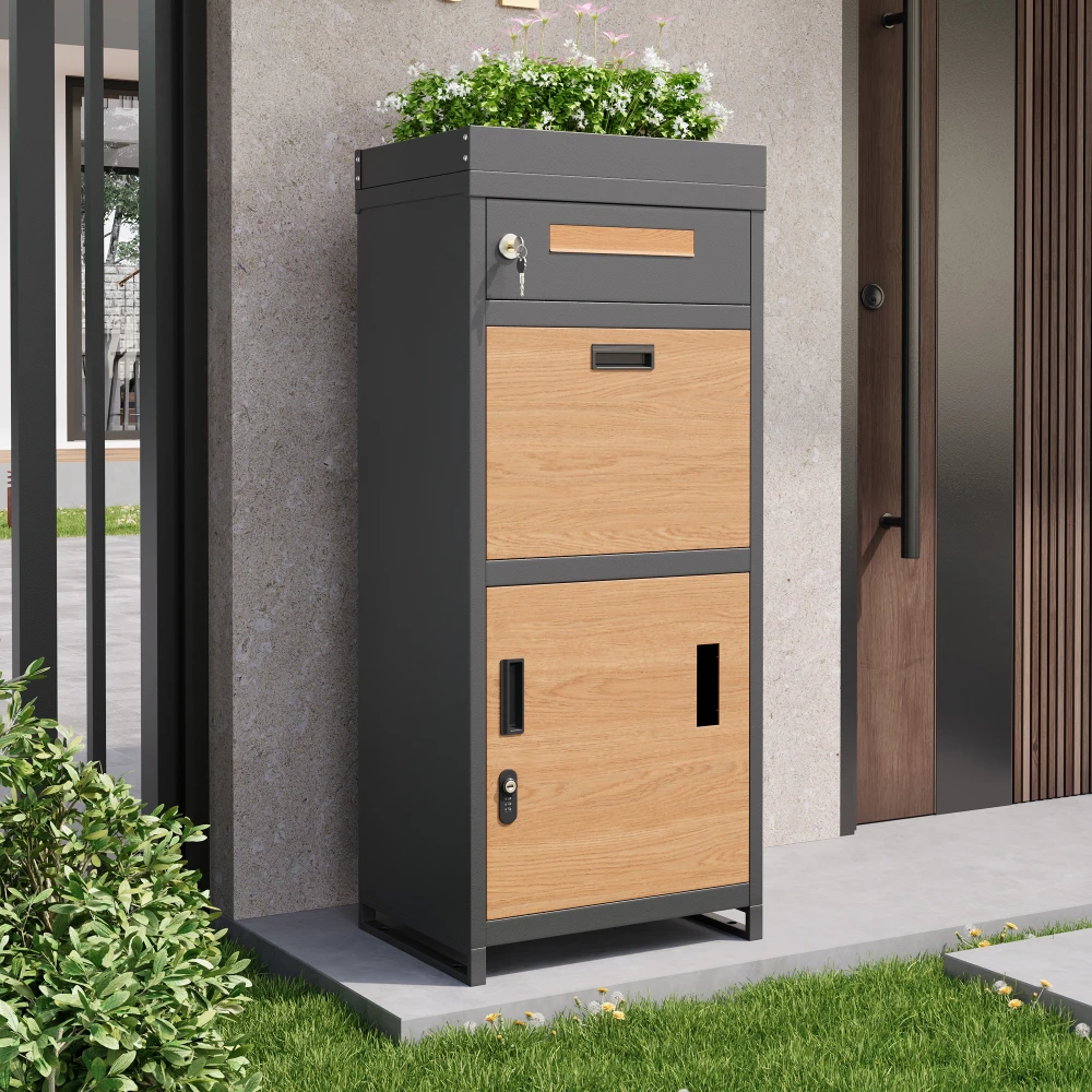 Boîte aux lettres extérieure PINGGO avec serrure numérique, boîte de rangement sécurisée pour colis, boîte aux lettres intégrée avec jardinière pour maison et jardin