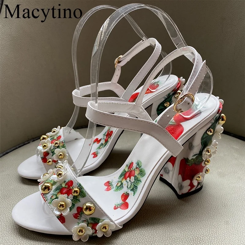 New Style Summer Women Retro Ethic Sandals White Flower Pearl High Heel Fashion Casul  Ladies Shoes Strawberry Print