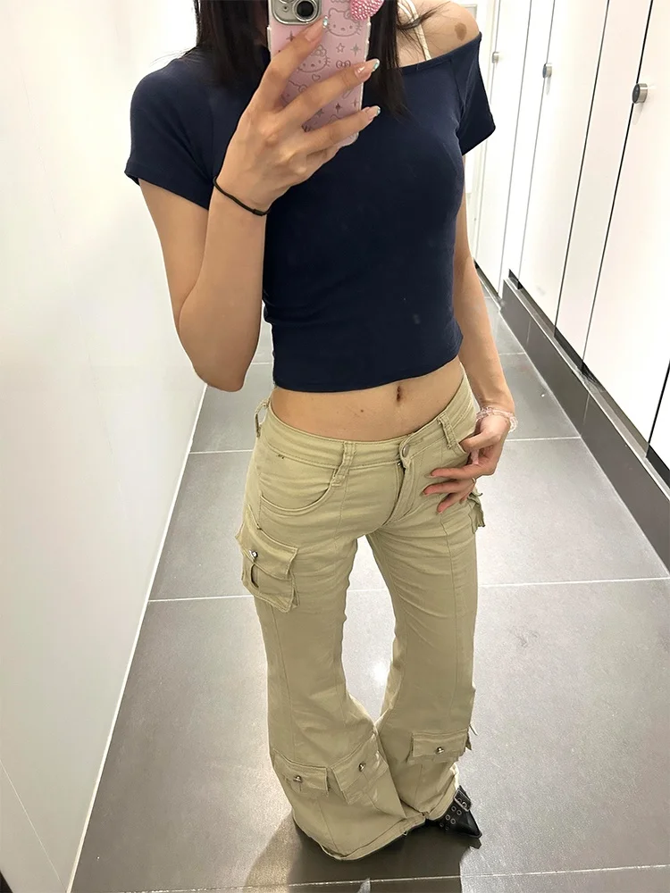 

Женские брюки с низкой талией в стиле Y2K: ретро, миллениум, облегающие, слегка расклешенные, длинные, с множеством карманов, в американском стиле Hot Girl