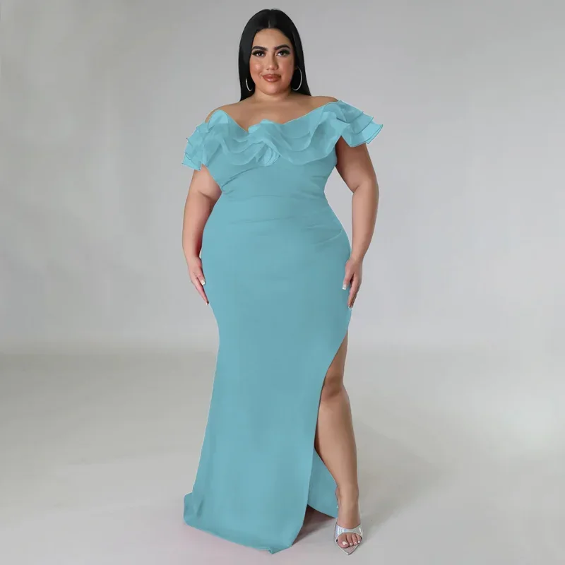 KEXU Plus Size Women Mesh Ruffles V Neck  Bodycon Maxi Dress Sexy Side Split Party Club Evening Long Summer Dresses