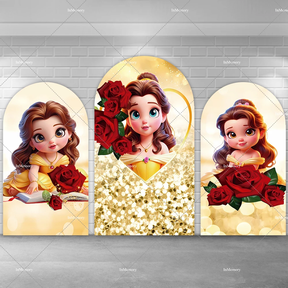 الفتيات عيد ميلاد الأميرة حسناء قوس خلفية غطاء الكرتون الجمال والوحش موضوع استحمام الطفل صور خلفيات الإمدادات