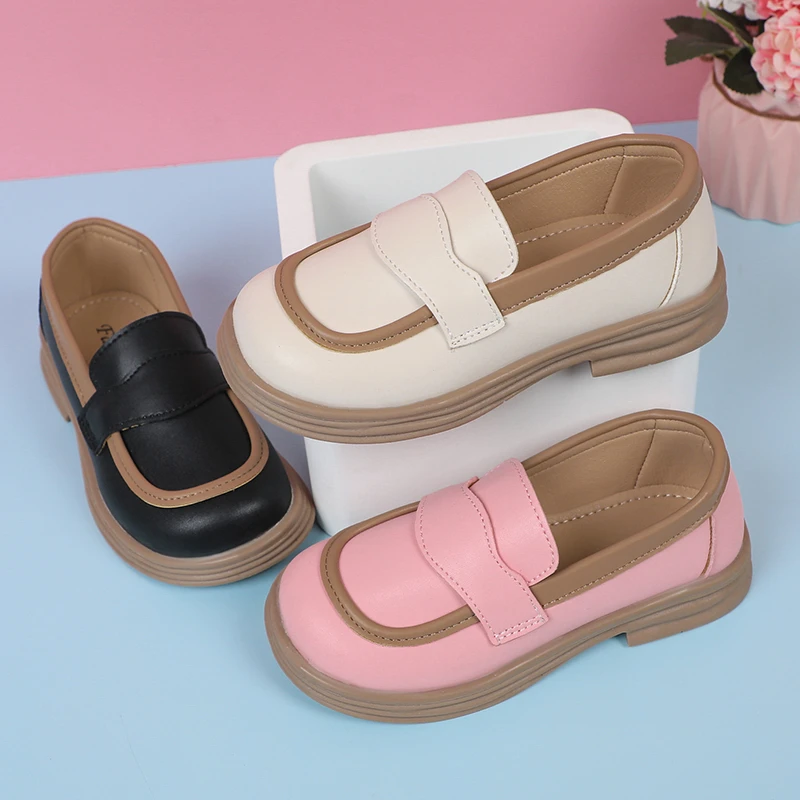 2023 Spring and Summer Girls Loafers Non-Slip Slip-On Color Matching Children Fashion Leather Shoes for Boys Retro Britain Style