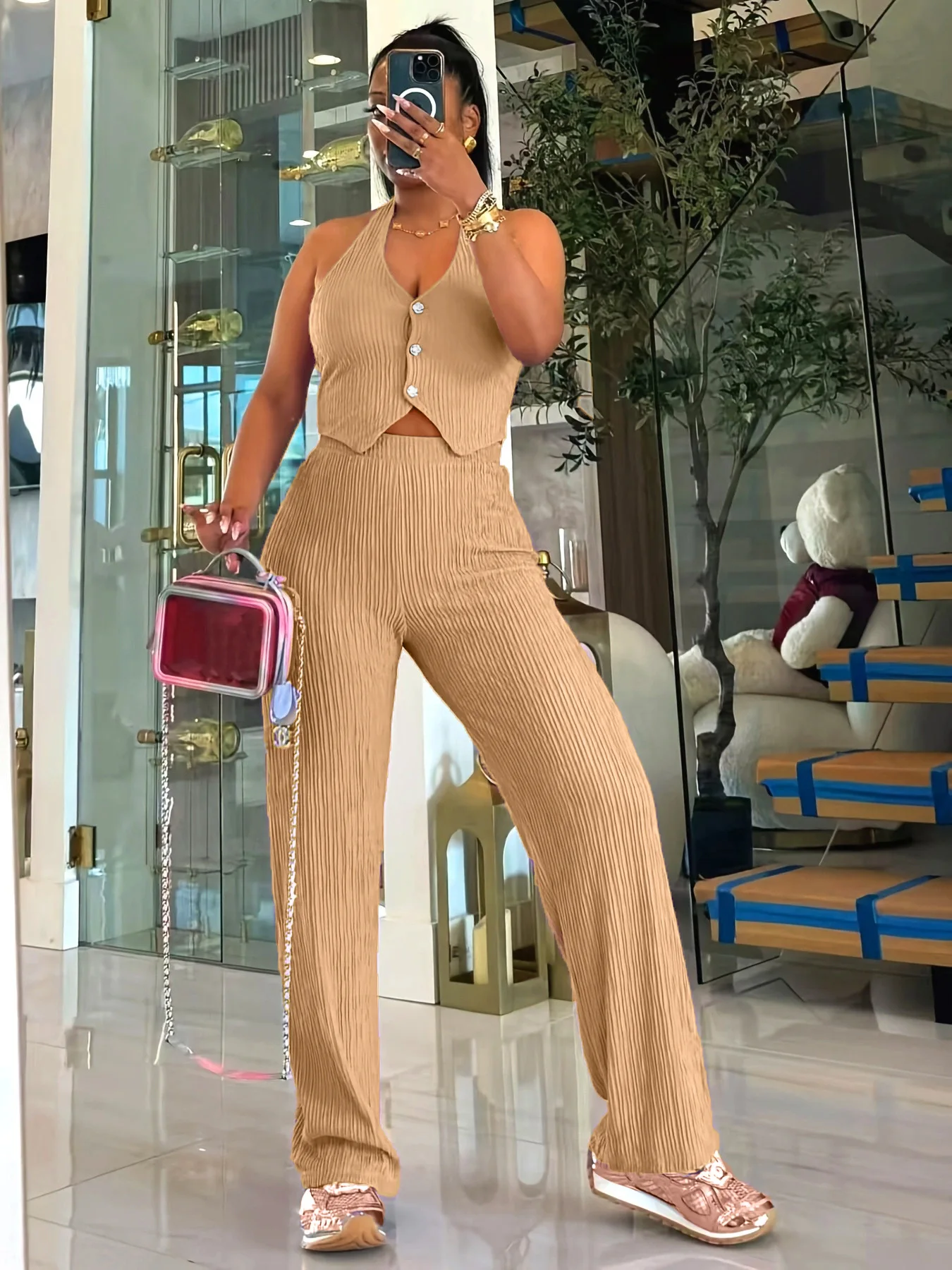 2025 ฤดูใบไม้ผลิ/ฤดูร้อนใหม่ผู้หญิงแฟชั่นSlimmingเสื้อกั๊กเอวสูงกางเกงขากว้างสไตล์ชุด 2 ชิ้น