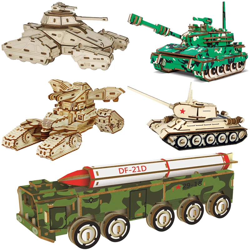 

Dongfeng Missile 3D Wooden Boys Puzzles Military Simulation Model Jigsaw T-34 KV-2 Tank DIY Toys For Children Table Decoration